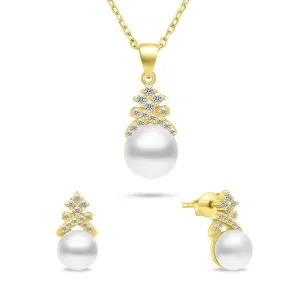 Brilio Silver Ein bezauberndes vergoldetes Schmuckset mit Perlen SET238Y (Ohrringe, Halskette)