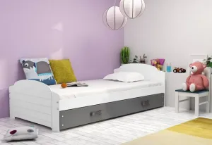 Kinderbett DOUGY + Stauraum + Matratze + Lattenrost - KOSTENLOS, 90x200, weiß, graphitfarbig