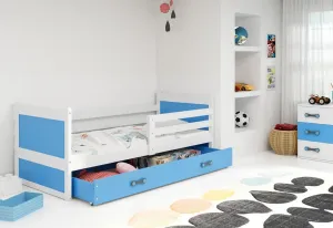 Kinderbett FIONA + Stauraum + Matratze + Lattenrost - KOSTENLOS, 90x200, weiß, himmelblau