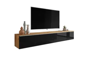 TV-Tisch MENDES D 180, 180x30x32, Eiche wotan/schwarz glänzend + LED