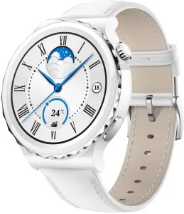 Huawei Watch GT 3 Pro 43 mm mit Keramikgehäuse und weißem Lederarmband
