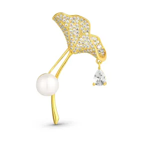 JwL Luxury Pearls Glitzernde vergoldete Brosche 2in1 mit Kristallen und echter Perle Ginkgo JL0837
