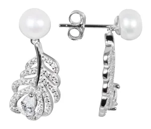 JwL Luxury Pearls Perlenohrringe mit weißer echter Perle und Zirkonen Feder JL0536