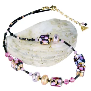 Lampglas RomanticRomantische HalsketteSakura Cubes mit 24 Karat Gold und mit reinem Silber in Lampglas-Perlen NCU46