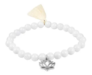 Troli Perlenarmband aus weißem Achat mit Lotusblüte und Quaste 18 cm