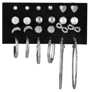 Troli Set runde Ohrringe und Ringe mit silbernen Zirkonen (12 Paar)