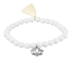 Troli Weißes Achat-Perlenarmband mit Lotusblüte und Quaste 17 cm